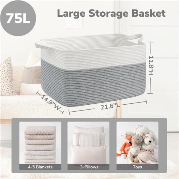 Large Toy Storage Basket, Grey Cotton Rope Baskets Toy Storage Bin - Picture 2 of 8